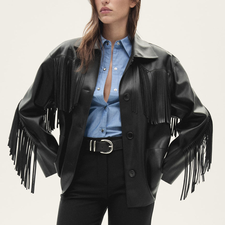 Leather-effect fringed overshirt 1024112910