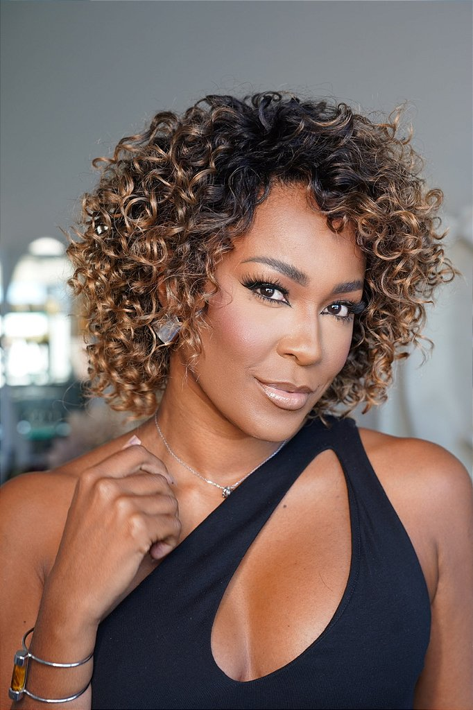 Glueless Brown Ombre Short Curly Wig with Bangs Human Hair Lace Front Wig 180% Density