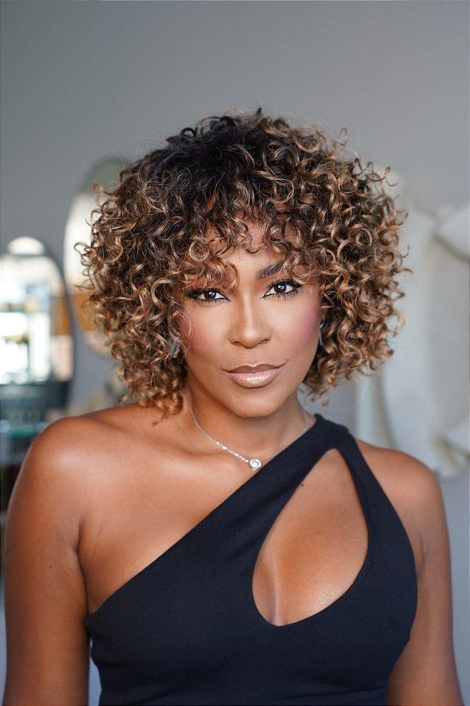 Glueless Brown Ombre Short Curly Wig with Bangs Human Hair Lace Front Wig 180% Density