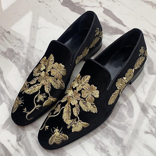 Golden Black Embroidery Men's Luxury Loafers Shoes