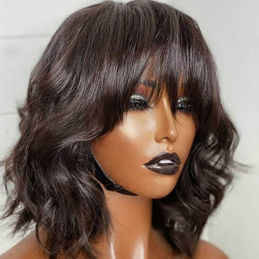 Mechanism Glueless Short Layered Wavy Bangs Wig