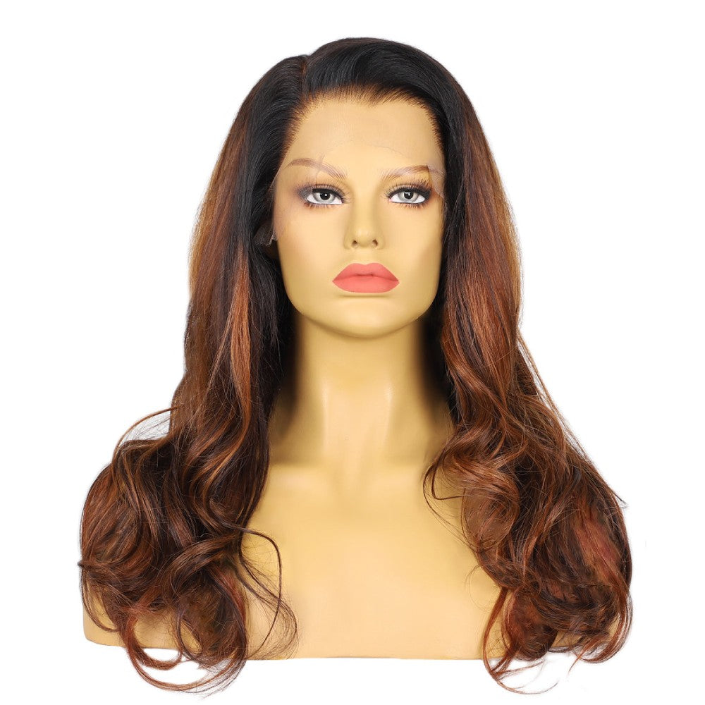 13x4 Lace Frontal Ombre Brown Black Roots Wave Wig