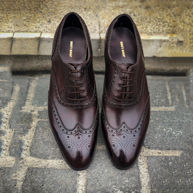 Brown-red brogue round toe slip-on oxfords