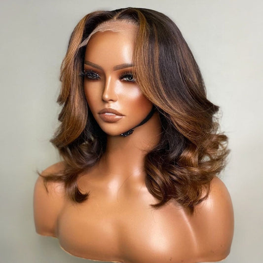 Layered Wavy Curtain Bangs Copper Brown Highlights Lace Front Wig