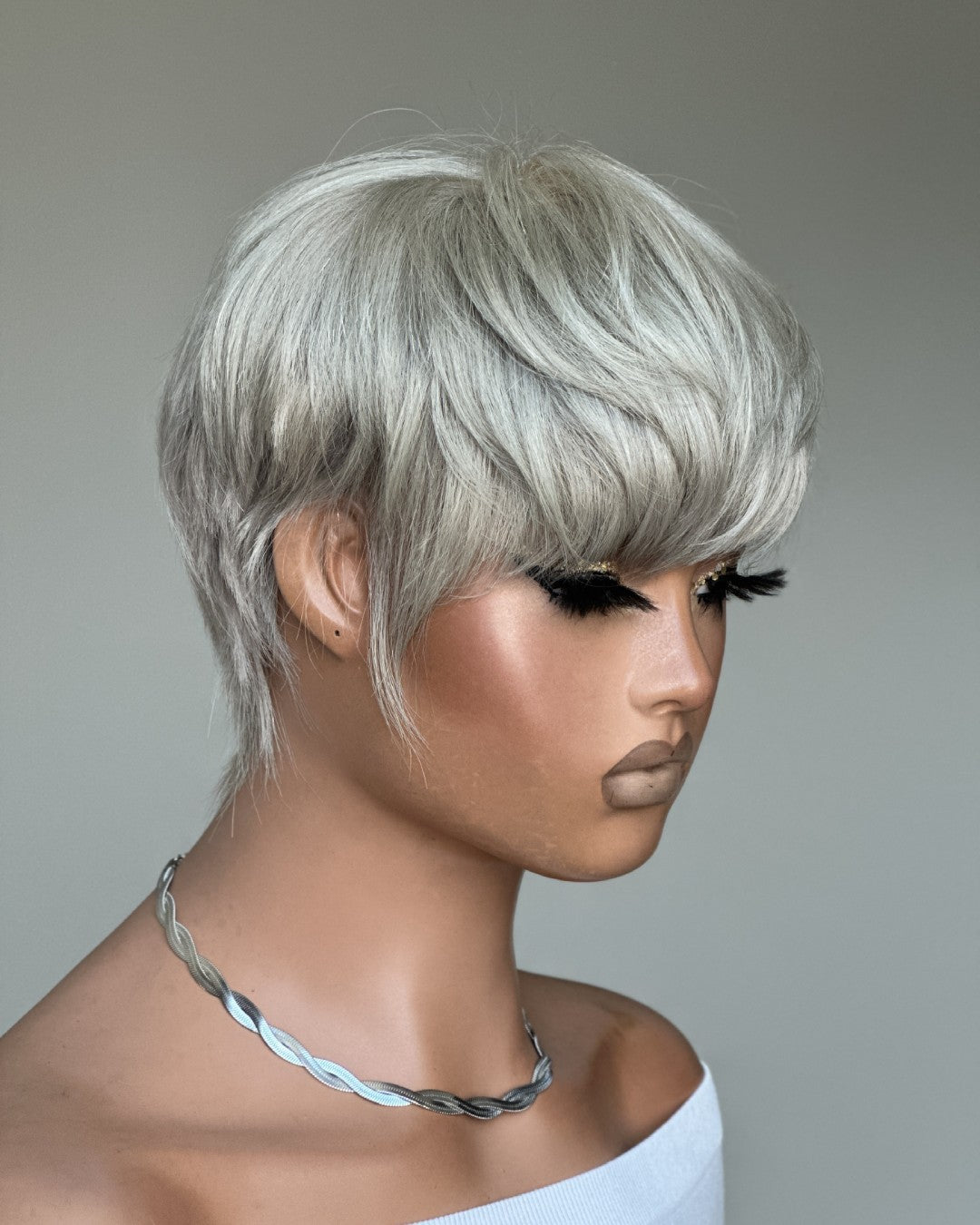 Ash Grey Layered Pixie Cut Glueless Human Hair Wig With Bangs