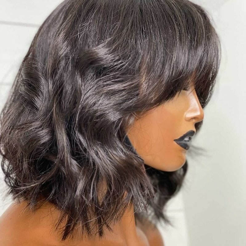 Mechanism Glueless Short Layered Wavy Bangs Wig