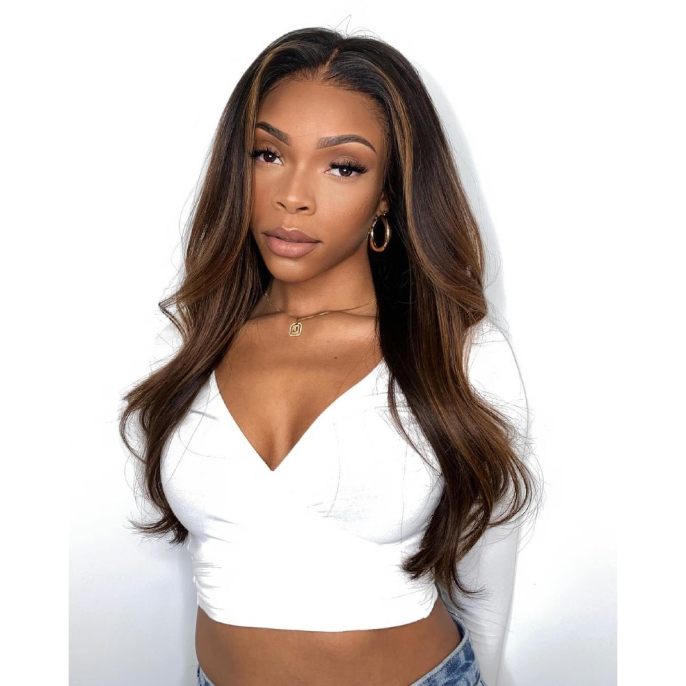 Brown Hair Wig With Caramel Highlights Lace Frontal Wig