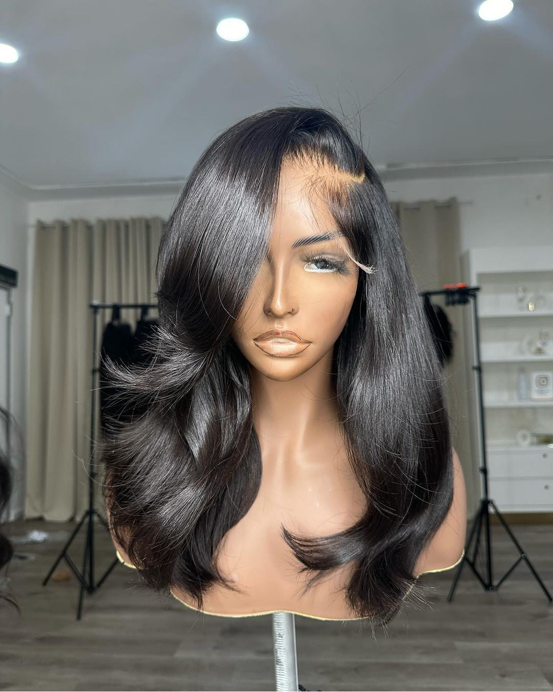 Layered Side Parted Long Bangs Lace Front Body Wave Wig