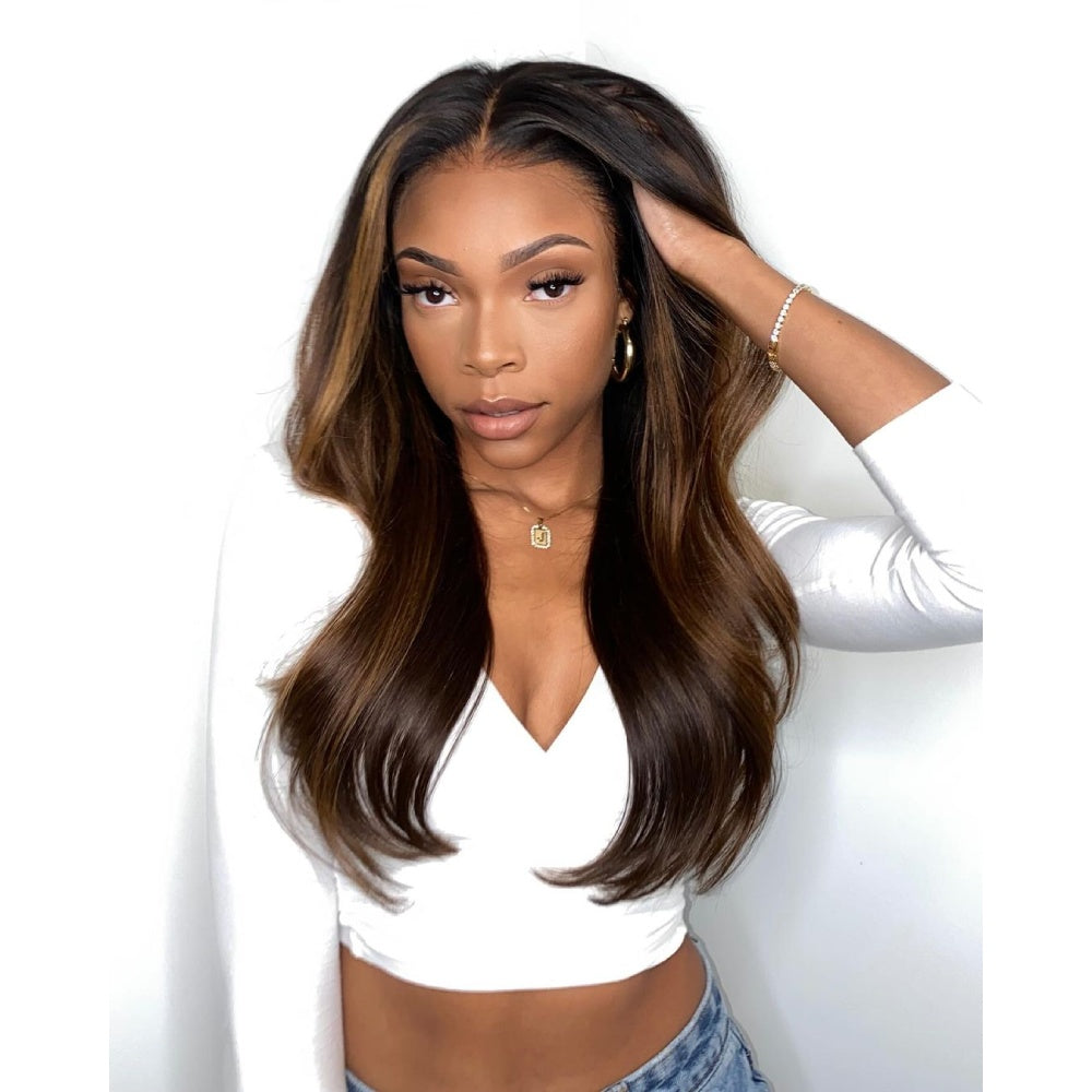 Brown Hair Wig With Caramel Highlights Lace Frontal Wig