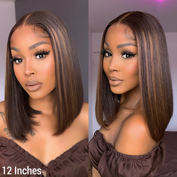 5x5 Lace Closure Chestnut Brown Highlights Straight Bob Wig