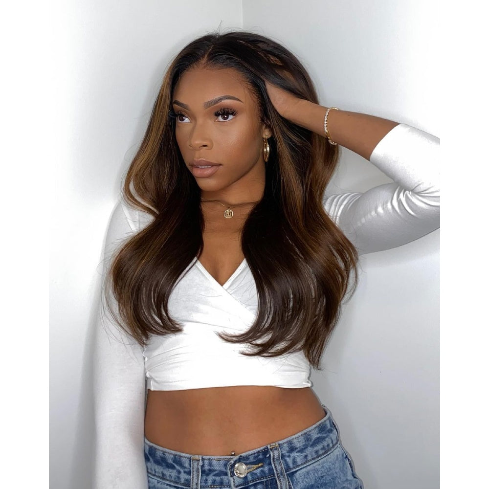 Brown Hair Wig With Caramel Highlights Lace Frontal Wig