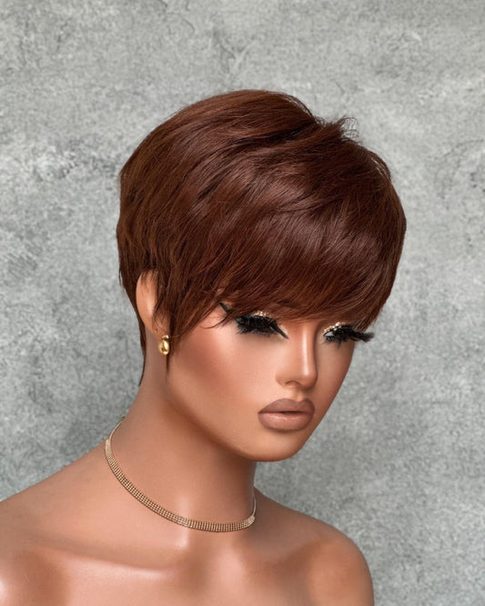 Put On & Go Brown Layered Pixie Cut Human Hair Wig With Bangs