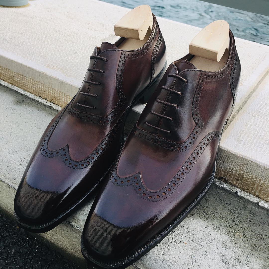 Brown-red brogue square toe slip-on oxfords shoes