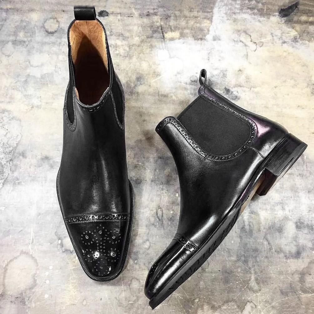 Men Handmade Black Leather Cap Toe Brogue Chelsea Boots