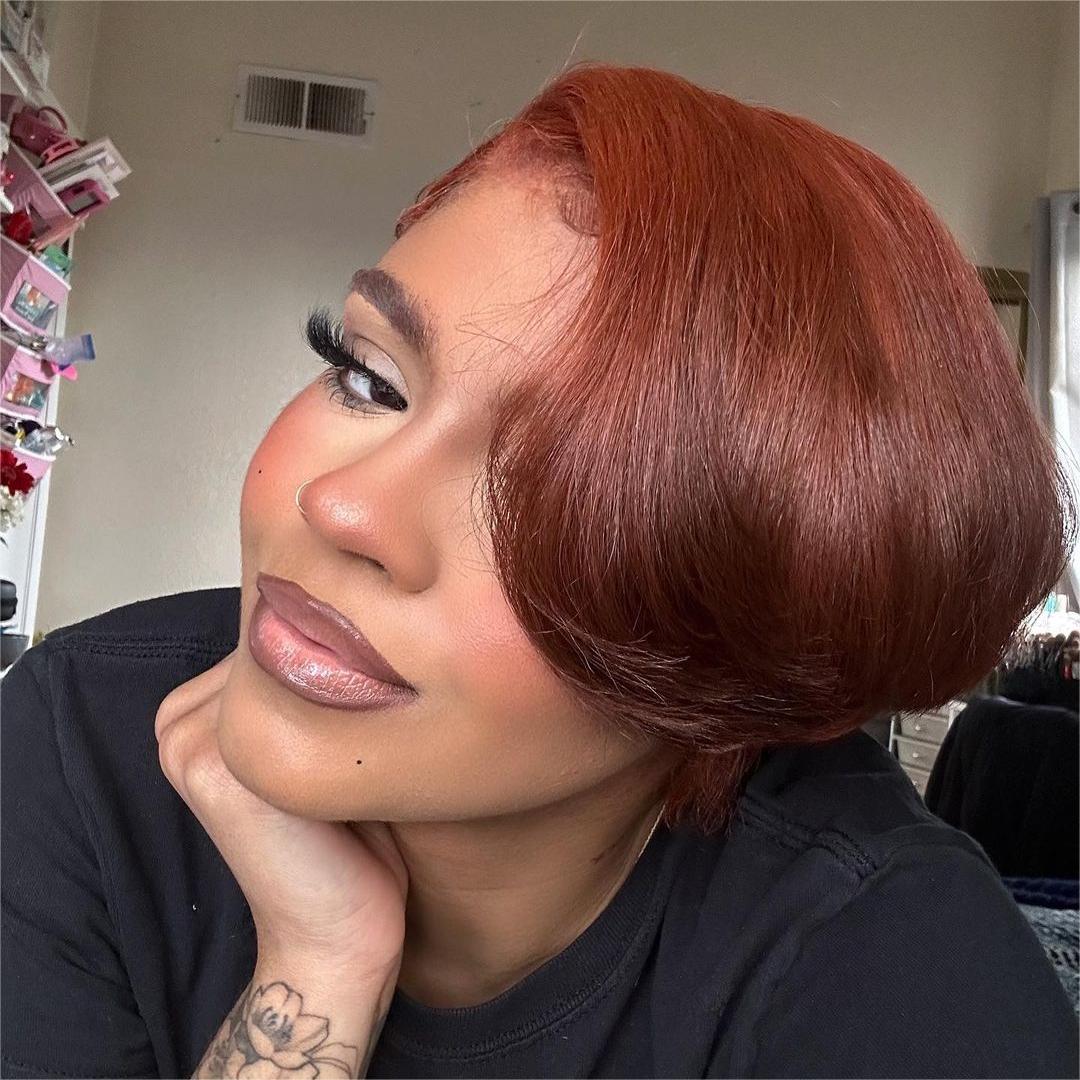 13x4 Lace Frontal Red Brown Pixie Cut Side Long Bangs Wig