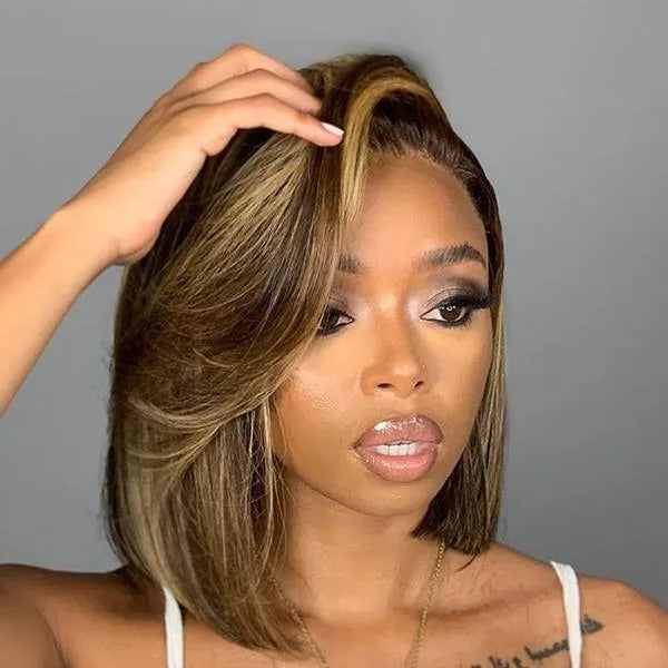 Golden Blonde Highlight Side Part Long bang Lace Front Wig