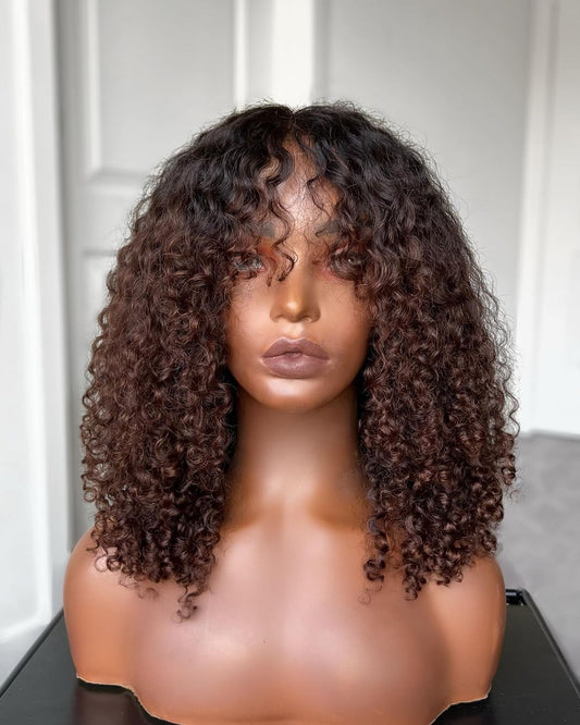 Coffee Brown Bangs Curly 5x5 Lace Closure Wig