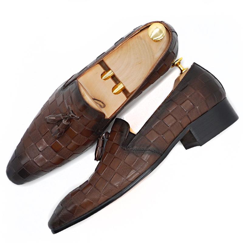 Italian leather men's dress shoes casual shoes black brown plaid print non-slip wedding office tassel loafers men's shoes