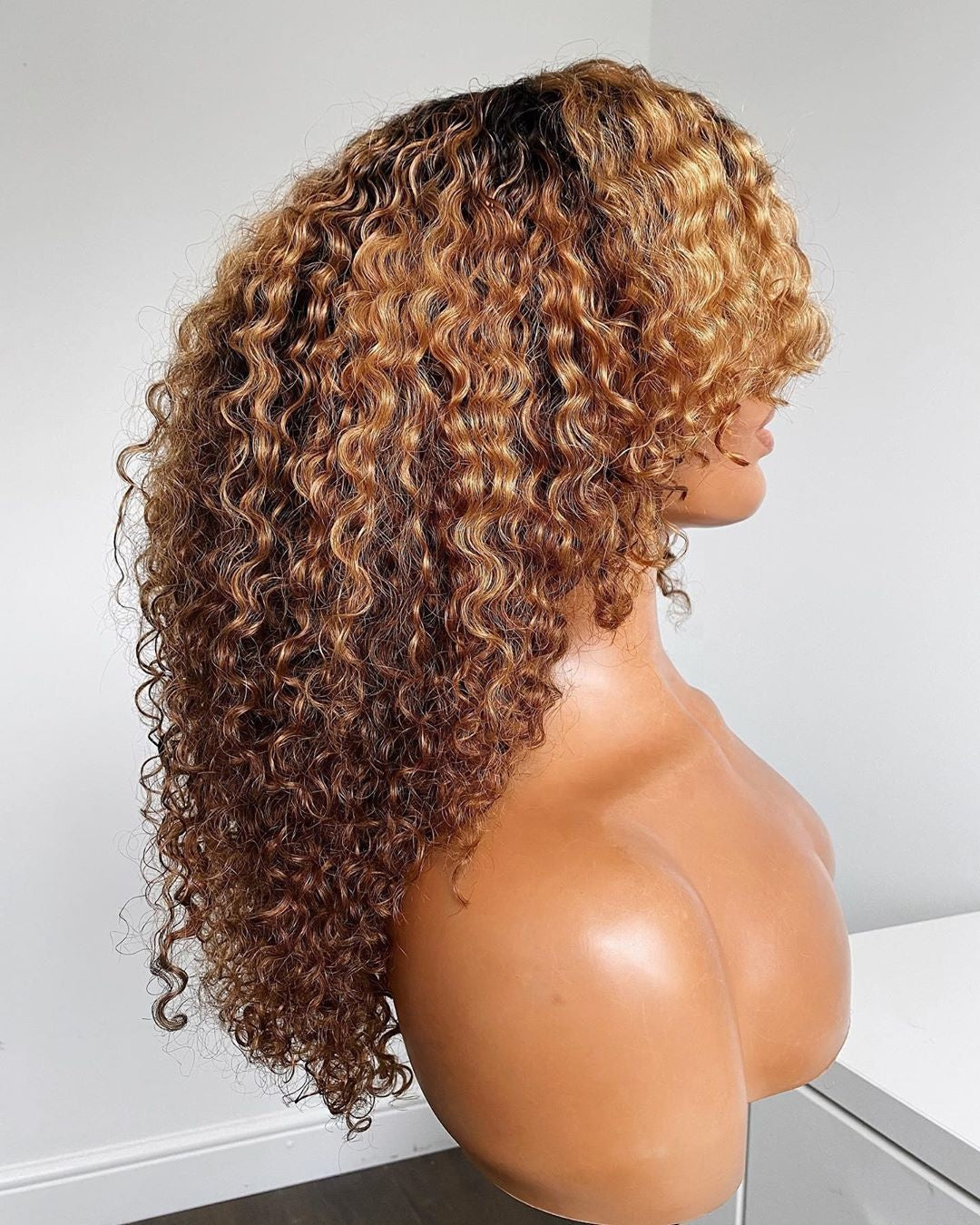 Glueless Brown With Blonde Highlight Curly Wig With Bang