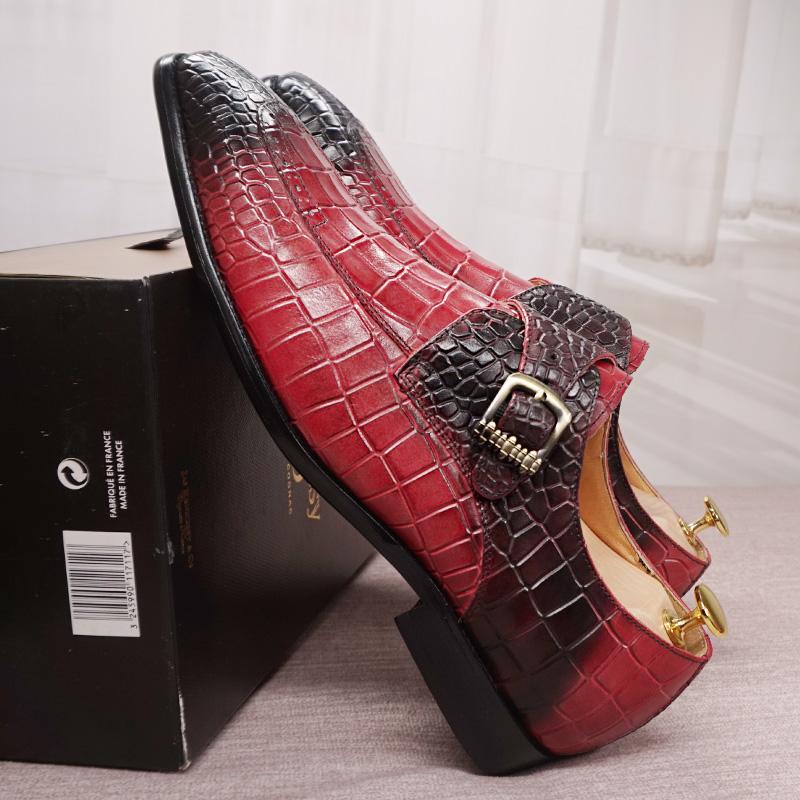 Luxury Brand Men Casual Shoes Genuine Leather Mens Dress Shoes Red Black Monk Crocodile Pattern Strap Split Toe Loafers Men Shoes