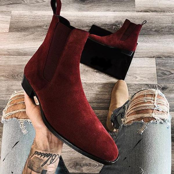 Red high-top handmade velvet Chelsea boots