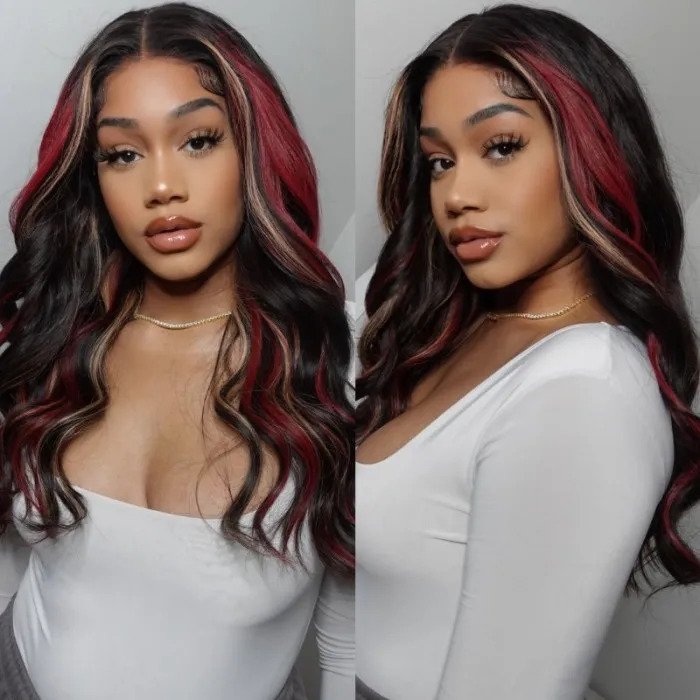 13x4 Lace Frontal Burgundy With Dark Golden Highlight Body Wavy Wig