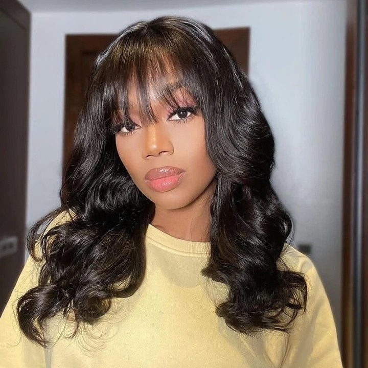 5x5 Lace Closure Body Wave Wig With Wispy Bangs