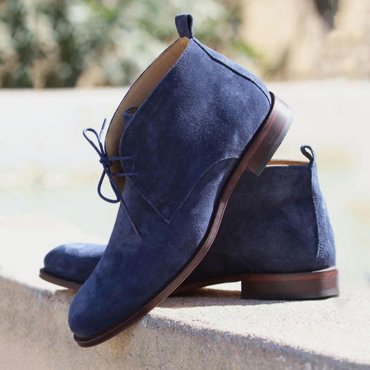 Luxury New Navy Blue Chukka Leather Lace Up Formal Boot