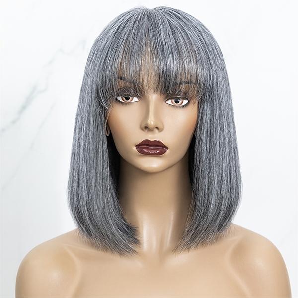 Salt And Pepper Grey Bob With Bangs Glueless Wig