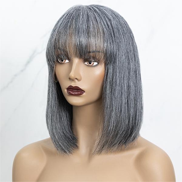 Salt And Pepper Grey Bob With Bangs Glueless Wig