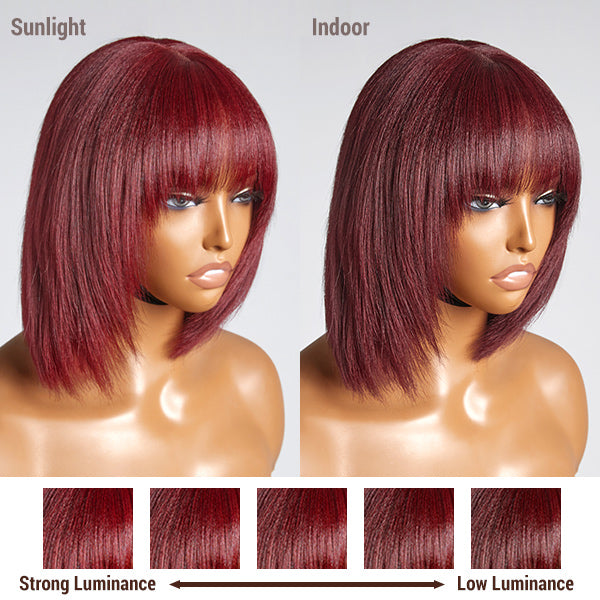 Lace Hair Slit Mechanism Burgundy Bob Wig With Bang